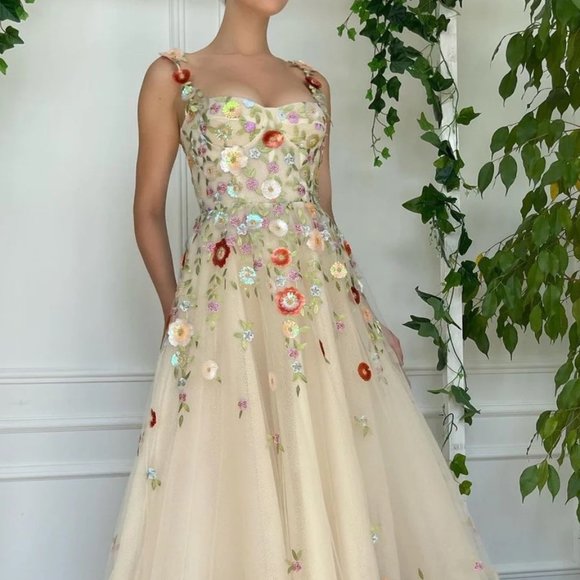 Mint Spaghetti Strap Evening Dress Flowers Appliques A-Line Tulle - Picture 1 of 9